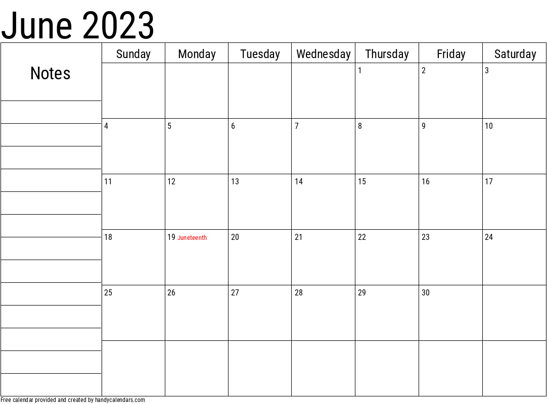 June 2023 Calendar With Notes And Holidays