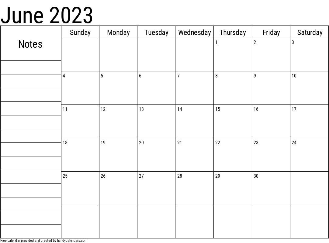 2023 June Calendar with Notes Template