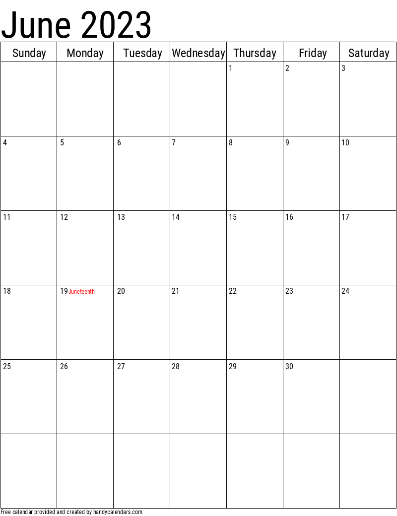June 2023 Vertical Calendar With Holidays