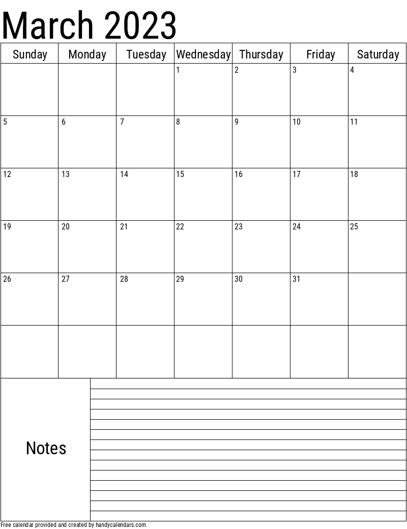 2023 March Vertical Calendar with Notes Template