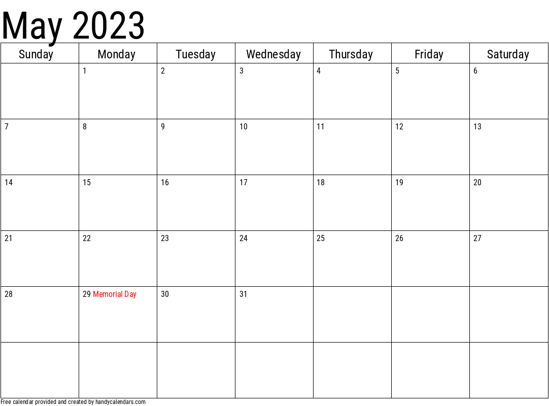 2023 May Calendar Template with Holidays