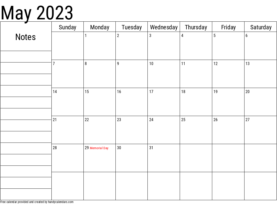 May 2023 Calendar With Notes And Holidays
