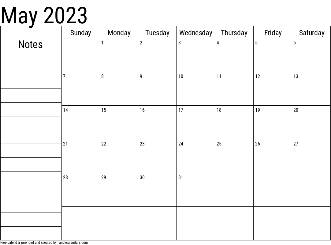2023 May Calendar with Notes Template