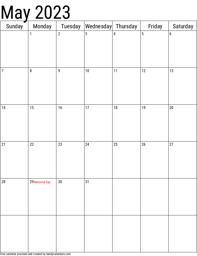May 2023 Vertical Calendar With Holidays