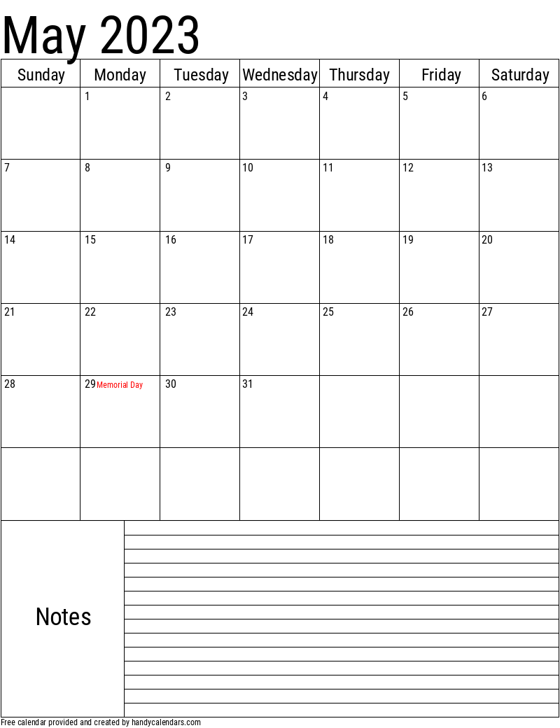 May 2023 Vertical Calendar With Notes And Holidays