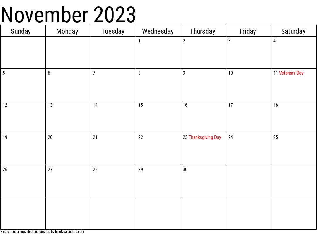 2023 November Calendar Template with Holidays