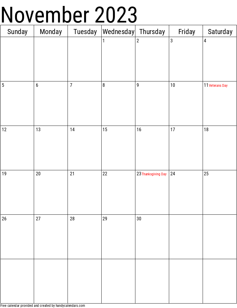 November 2023 Vertical Calendar With Holidays