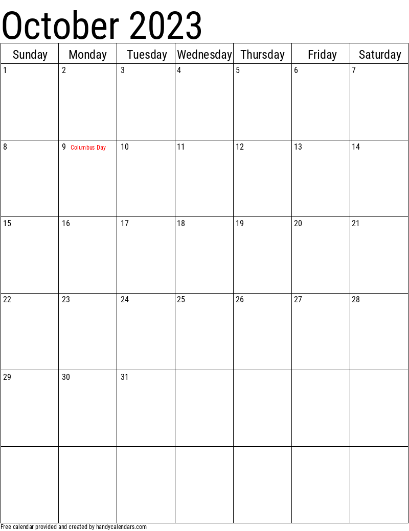 October 2023 Vertical Calendar With Holidays