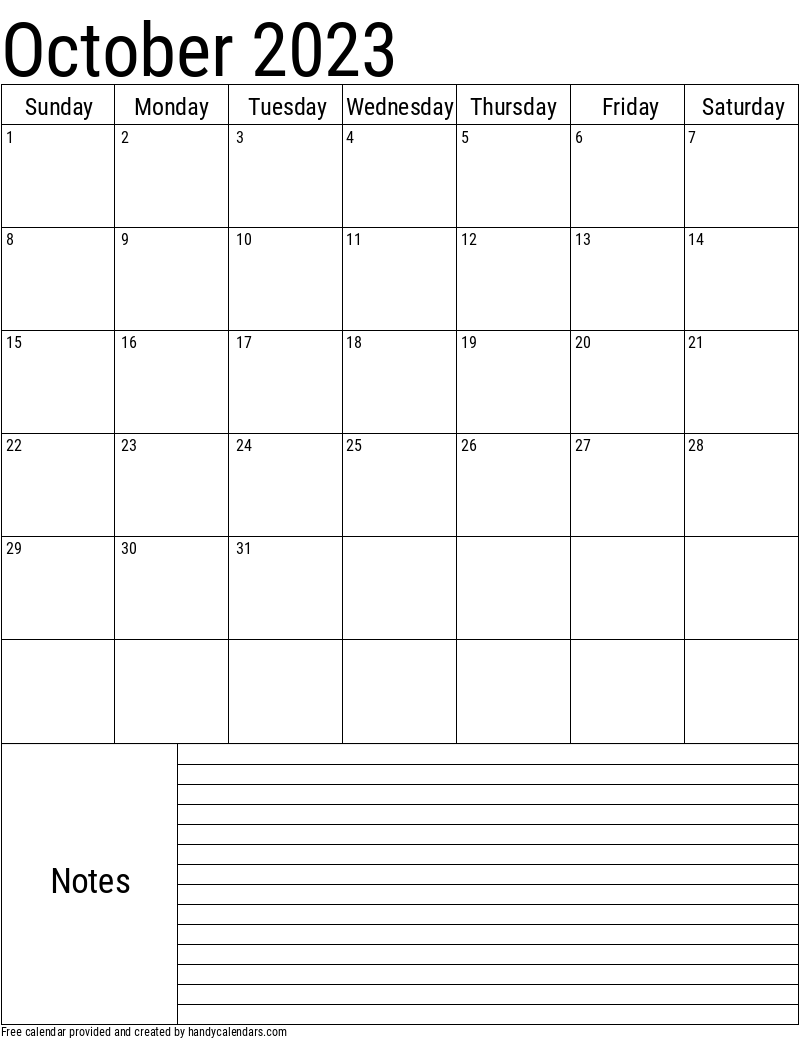 October 2023 Vertical Calendar With Notes
