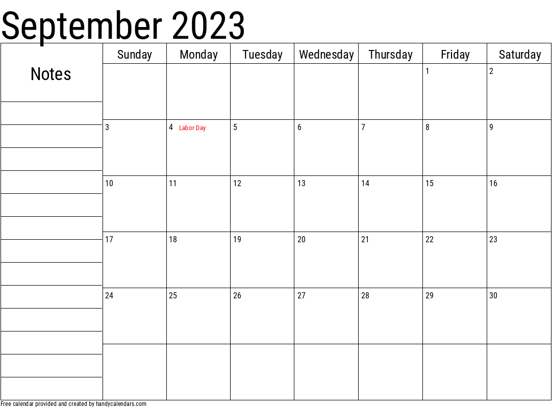 September 2023 Calendar With Notes And Holidays Handy Calendars