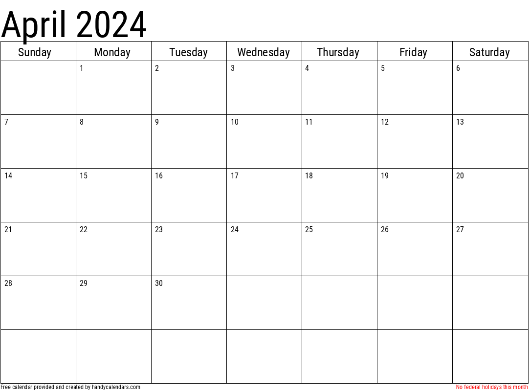 2024 April Calendar Template with Holidays