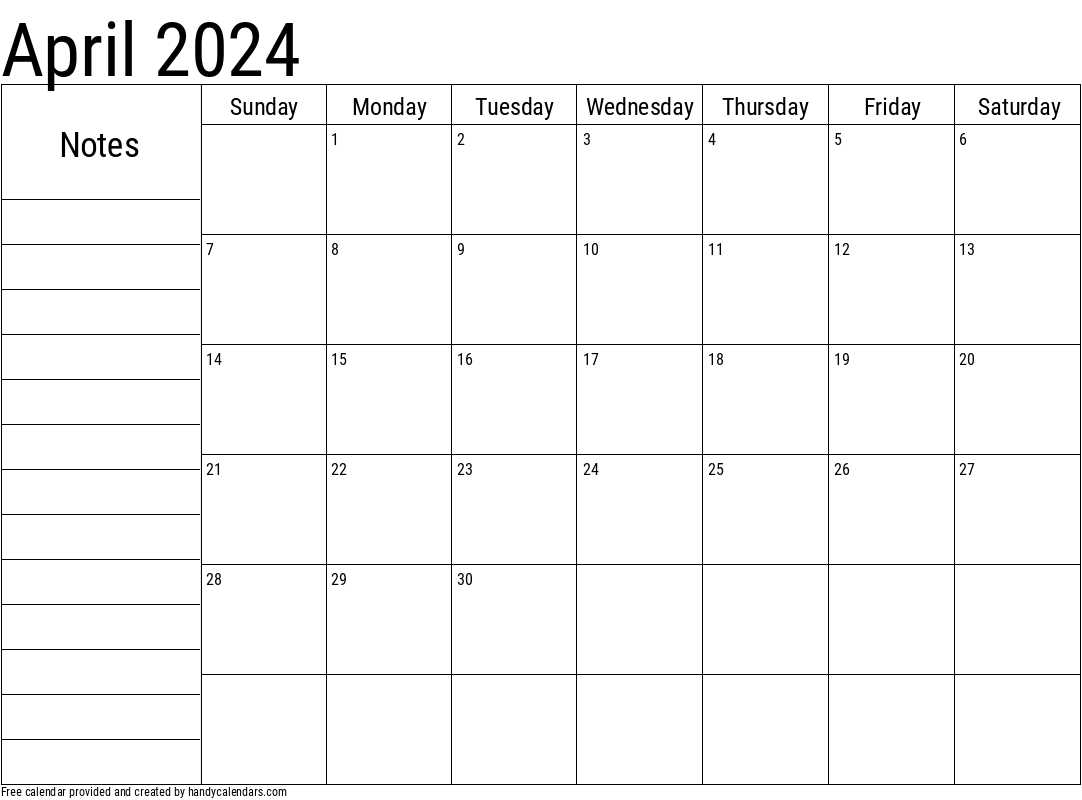 2024 April Calendar with Notes Template