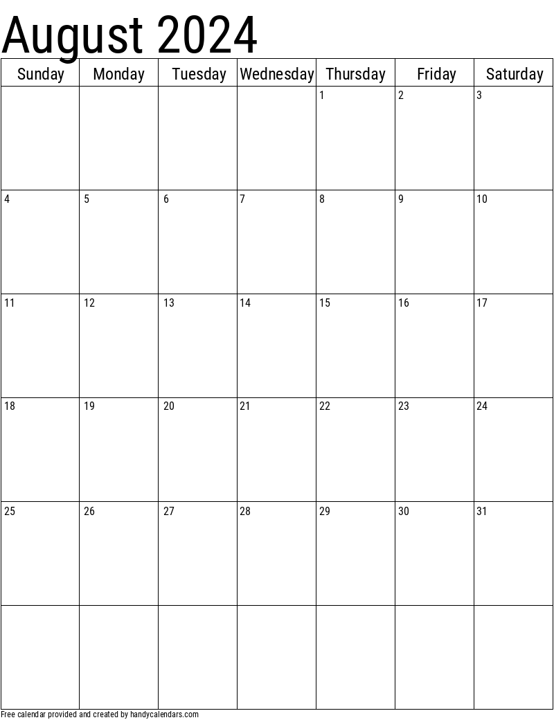 August 2024 Vertical Calendar Template