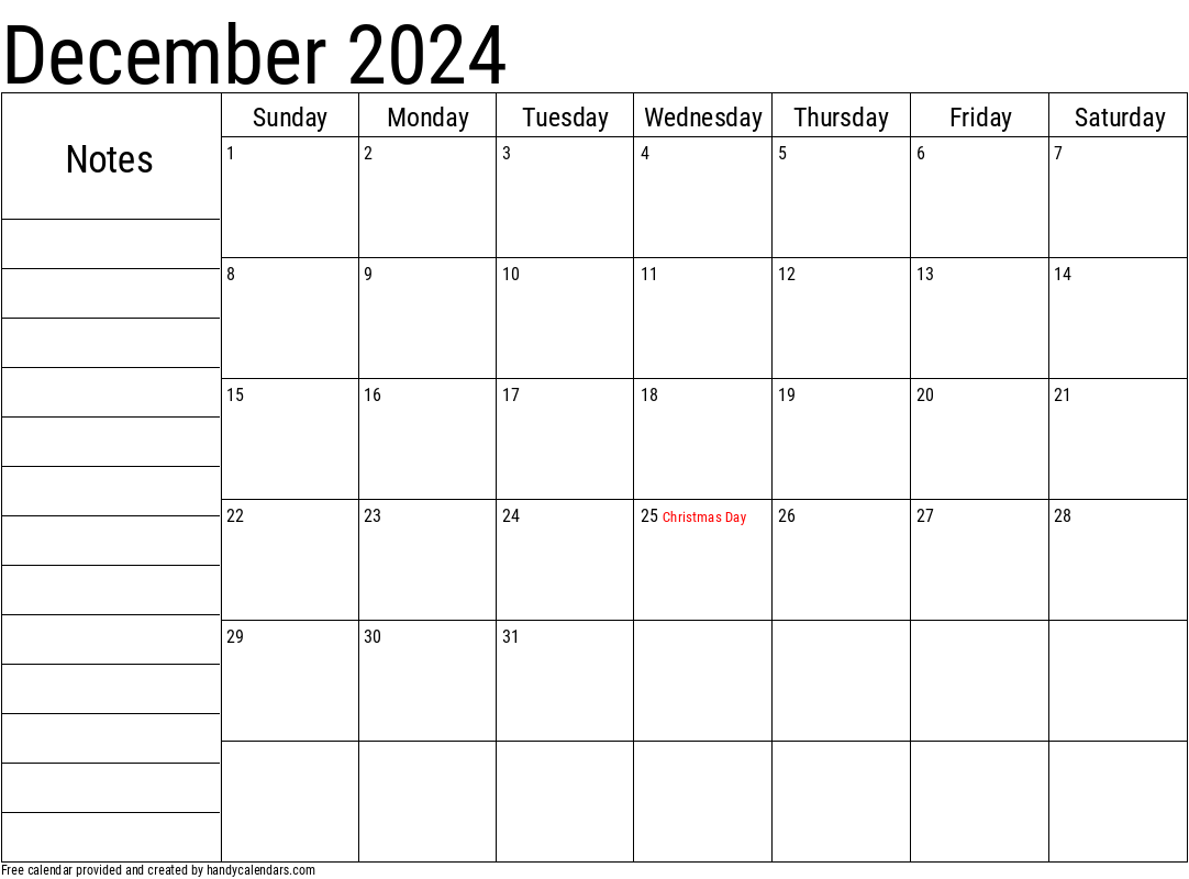 December 2024 Calendar With Notes And Holidays Handy Calendars