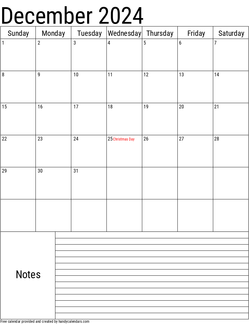 December 2024 Vertical Calendar With Notes And Holidays Handy Calendars