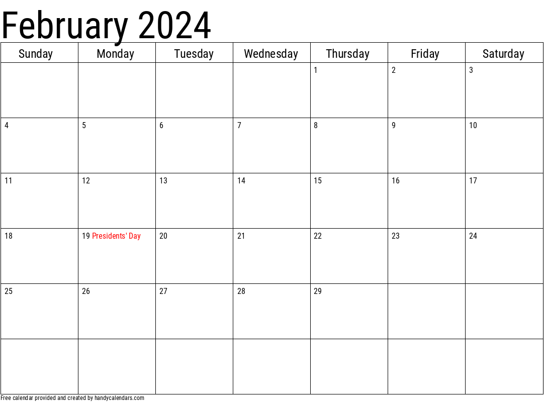 2024 February Calendar Template with Holidays