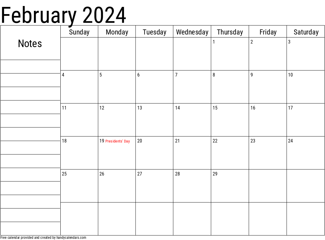February 2024 Calendar With Notes And Holidays Handy Calendars