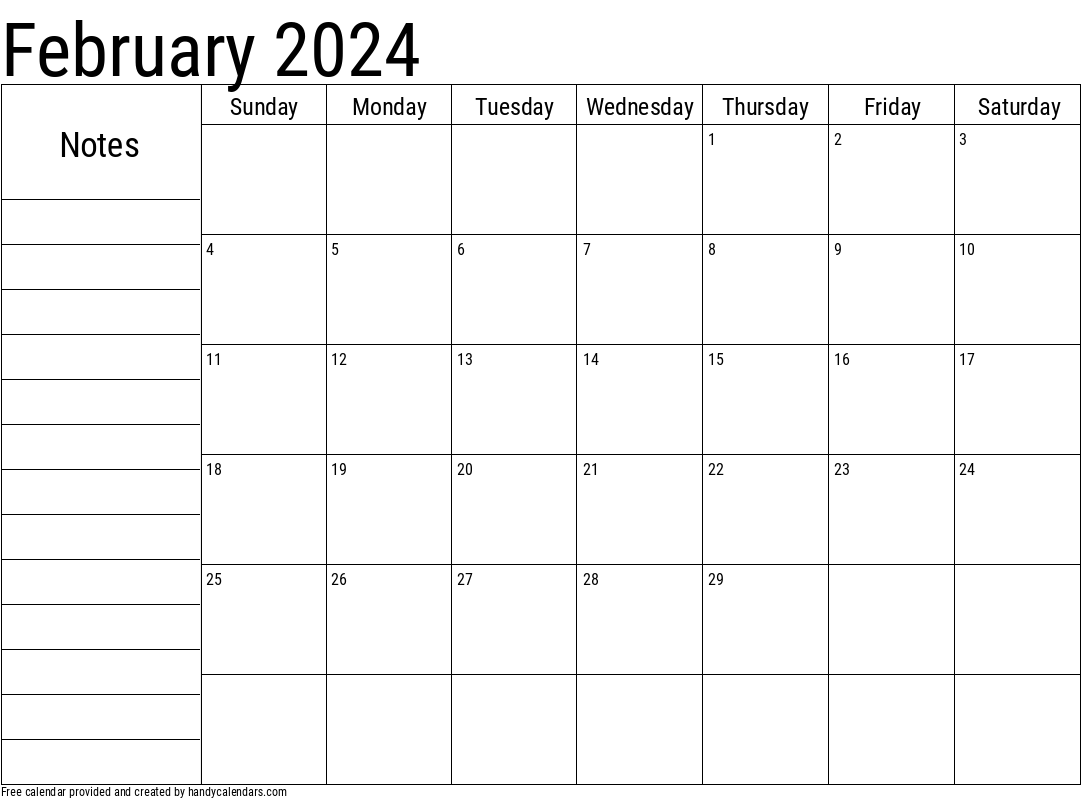 2024 February Calendar with Notes Template