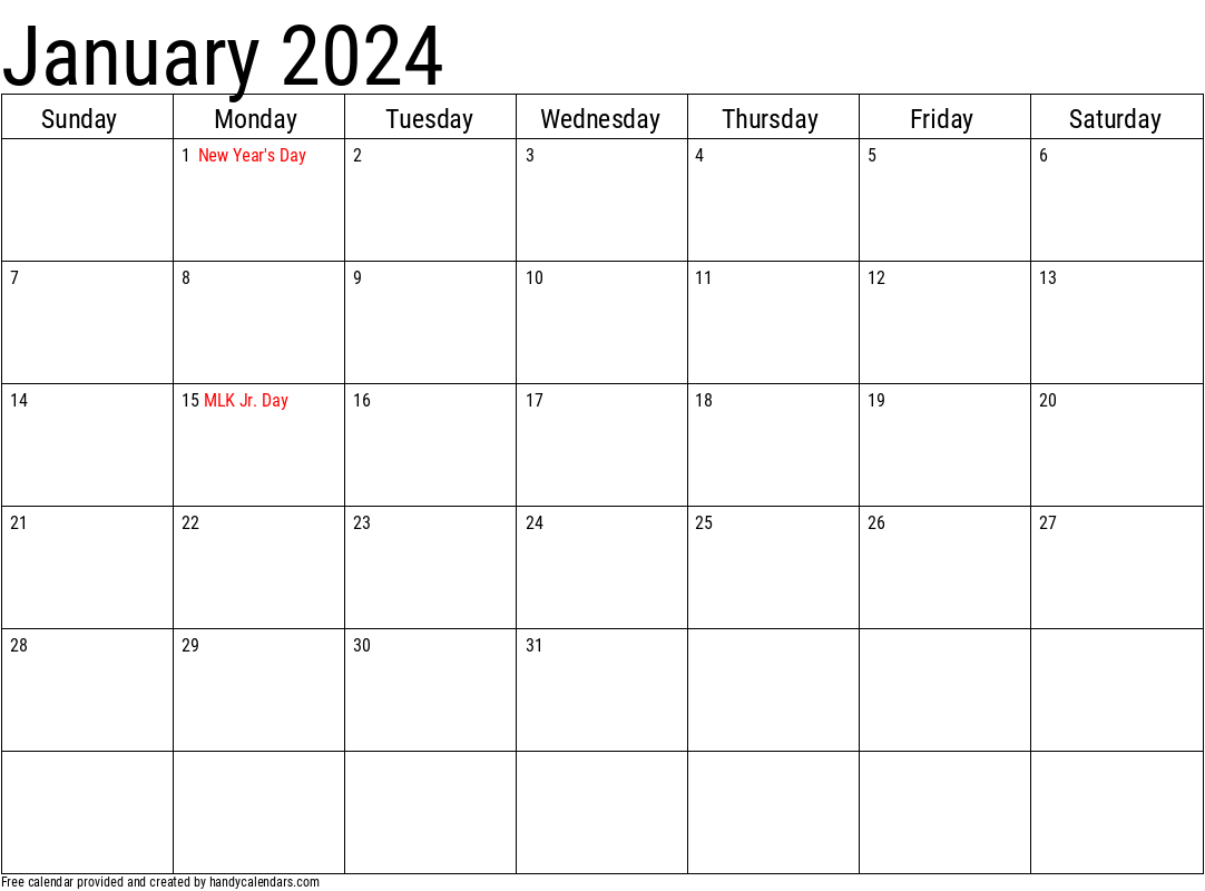 2024 January Calendar Template with Holidays