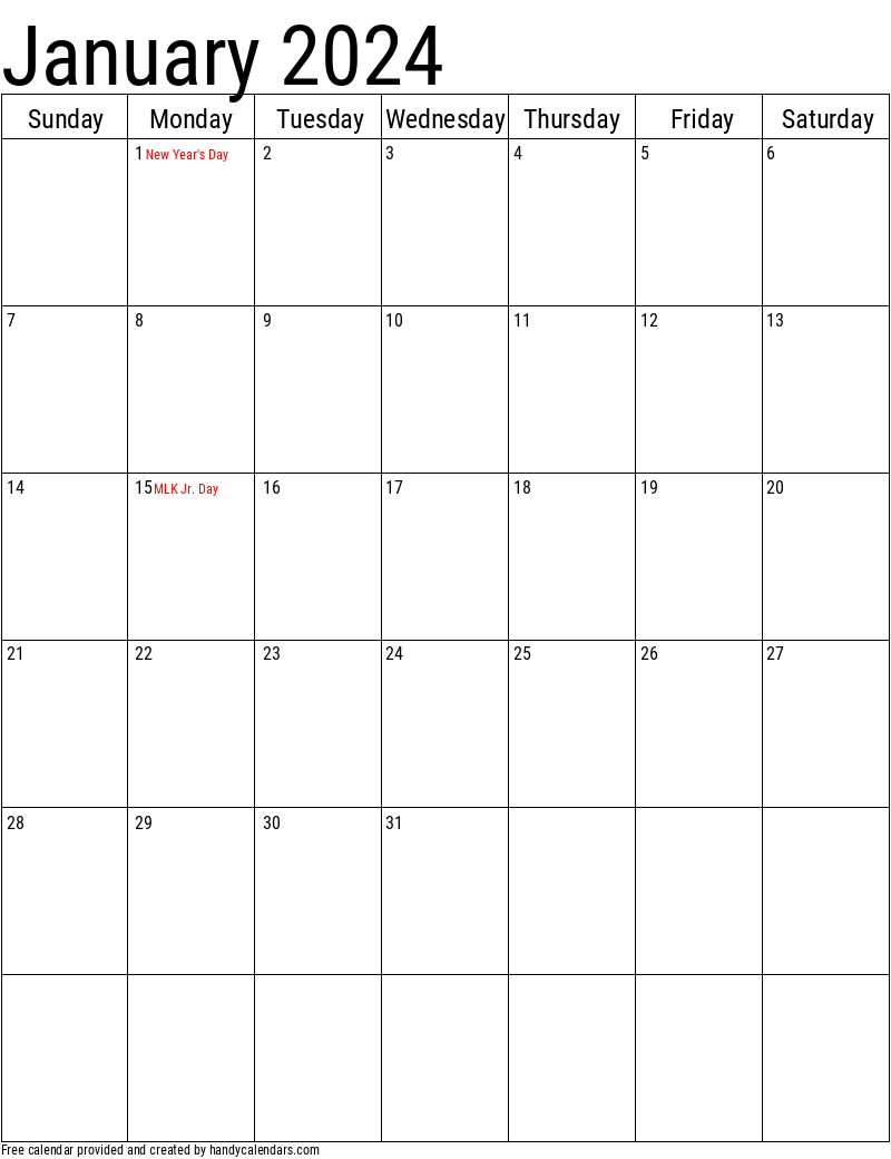 January 2024 Vertical Calendar With Holidays