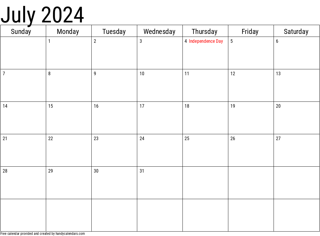 2024 July Calendar Template with Holidays