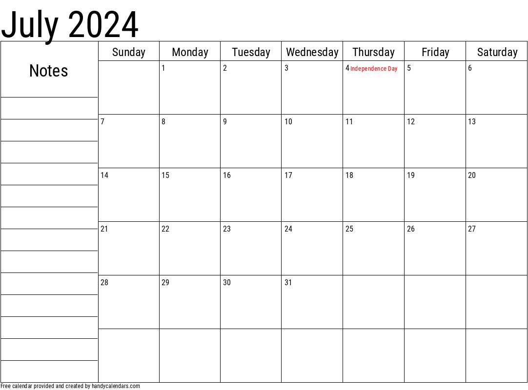 July 2024 Calendar With Notes And Holidays Handy Calendars