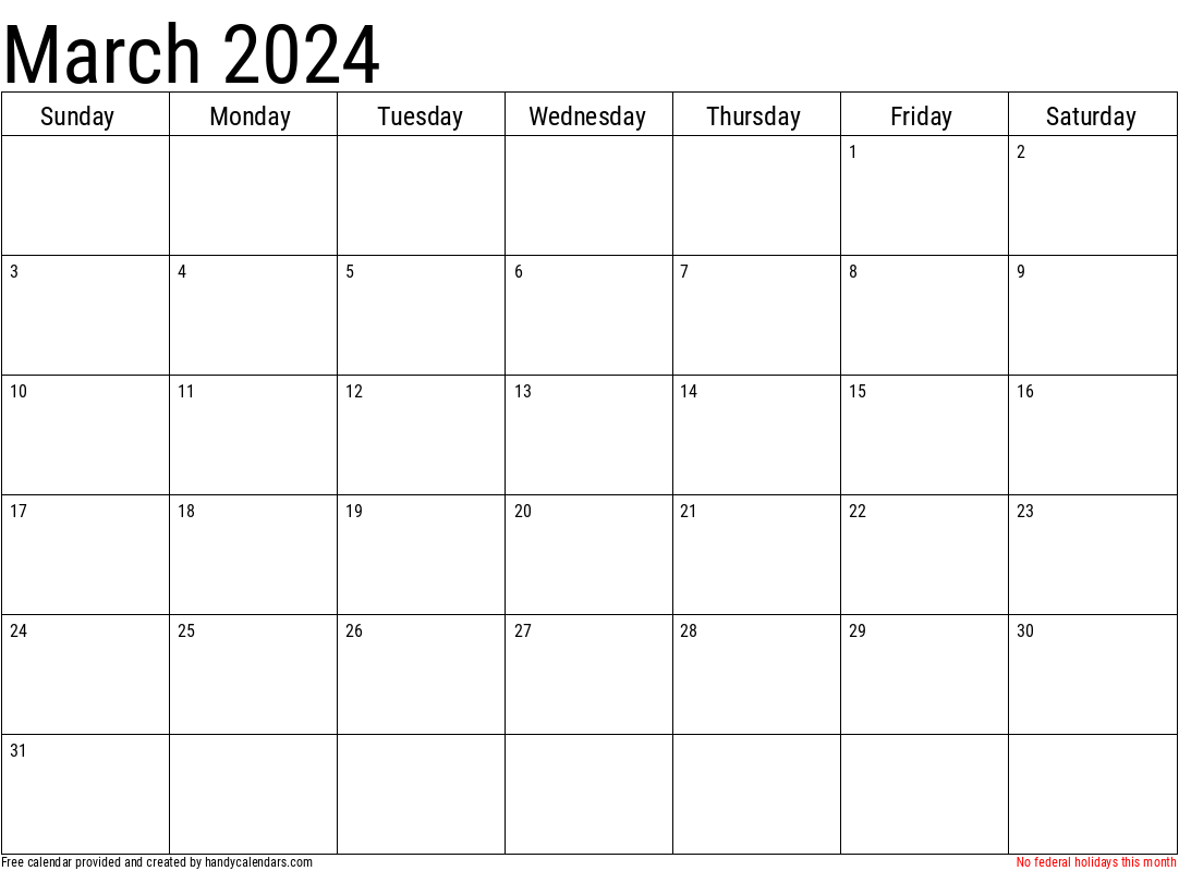 2024 March Calendar With Holidays Printable Full Year End Summer 2024