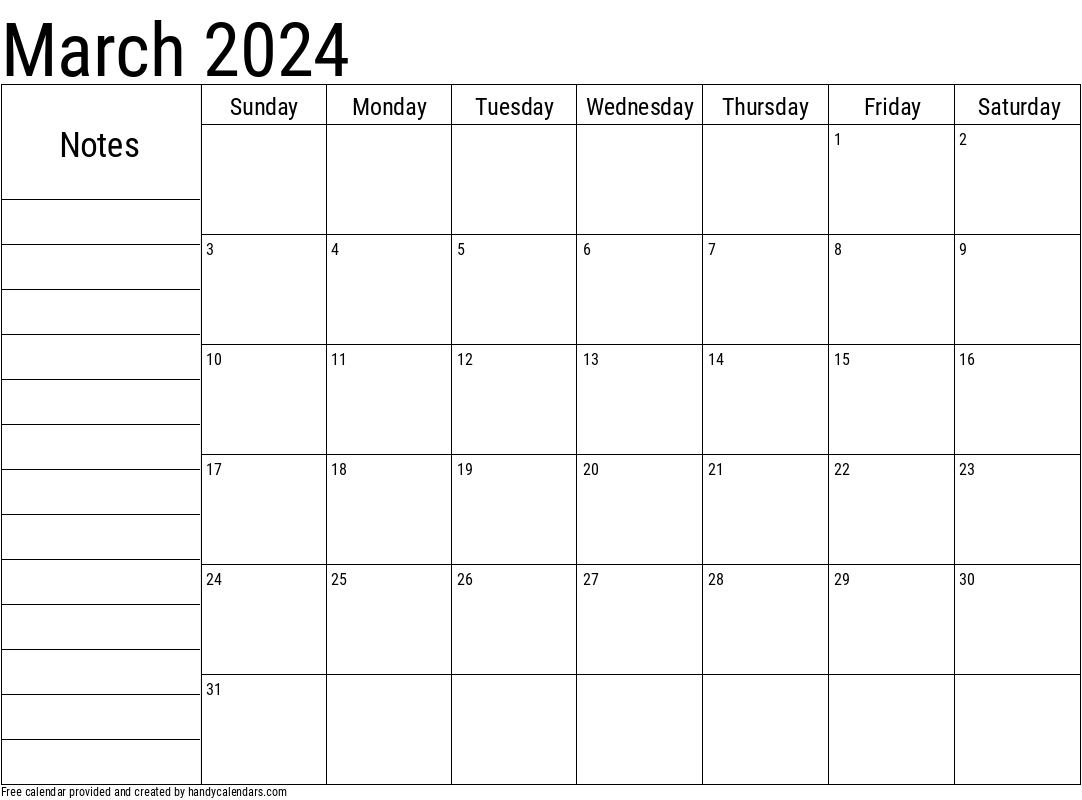 2024 March Calendar with Notes Template