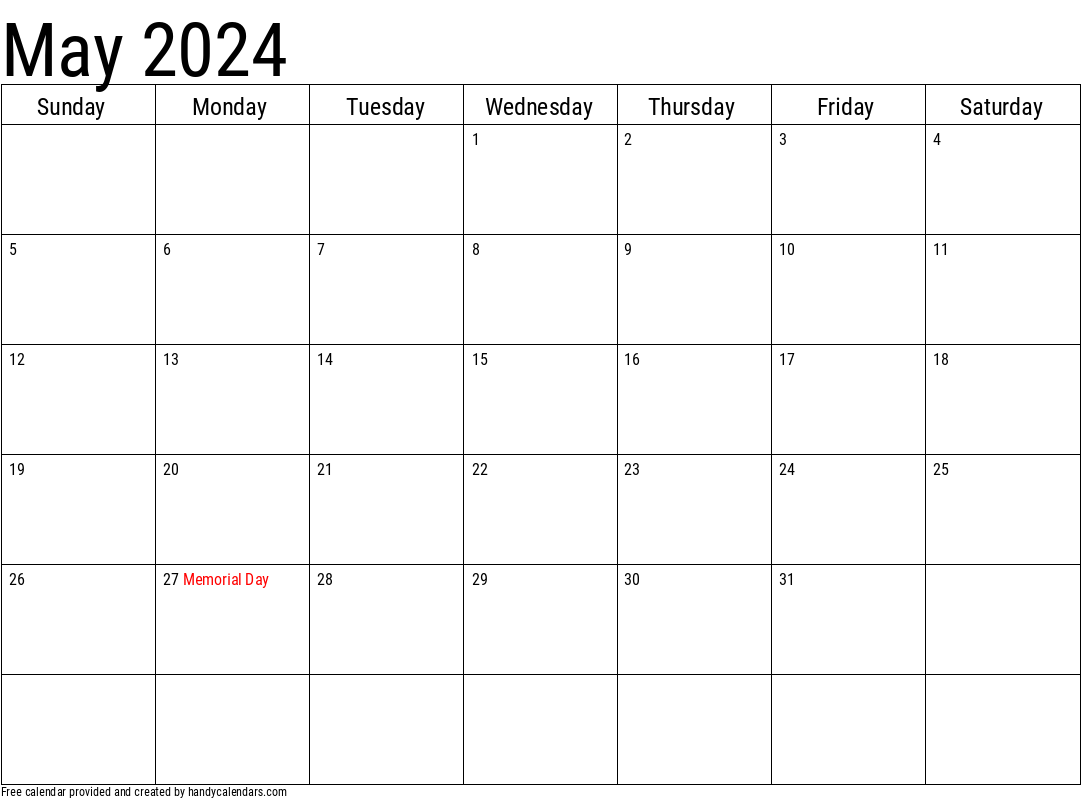 2024 May Calendar Template with Holidays