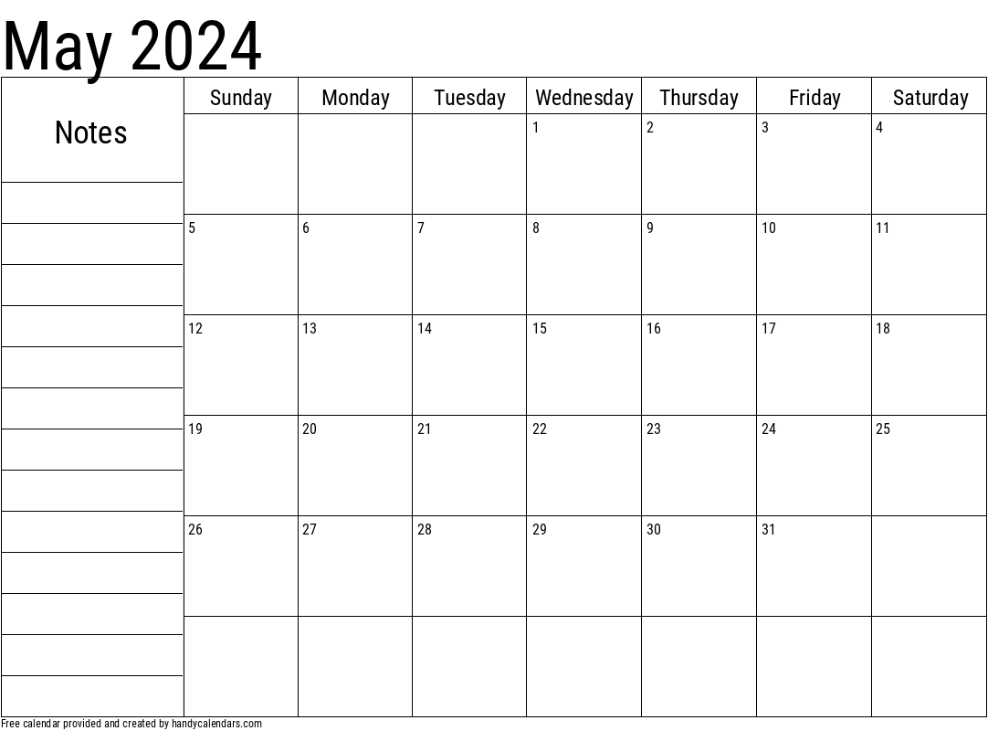 2024 May Calendar with Notes Template