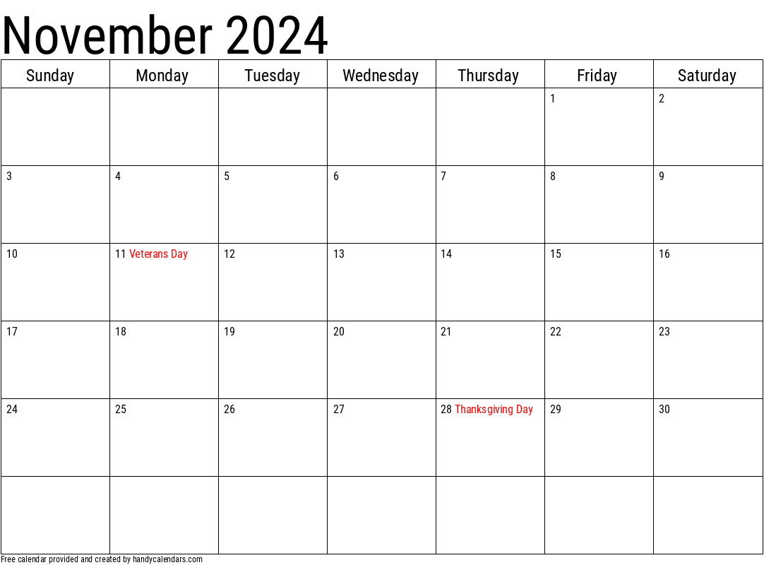 2024 November Calendar Template with Holidays
