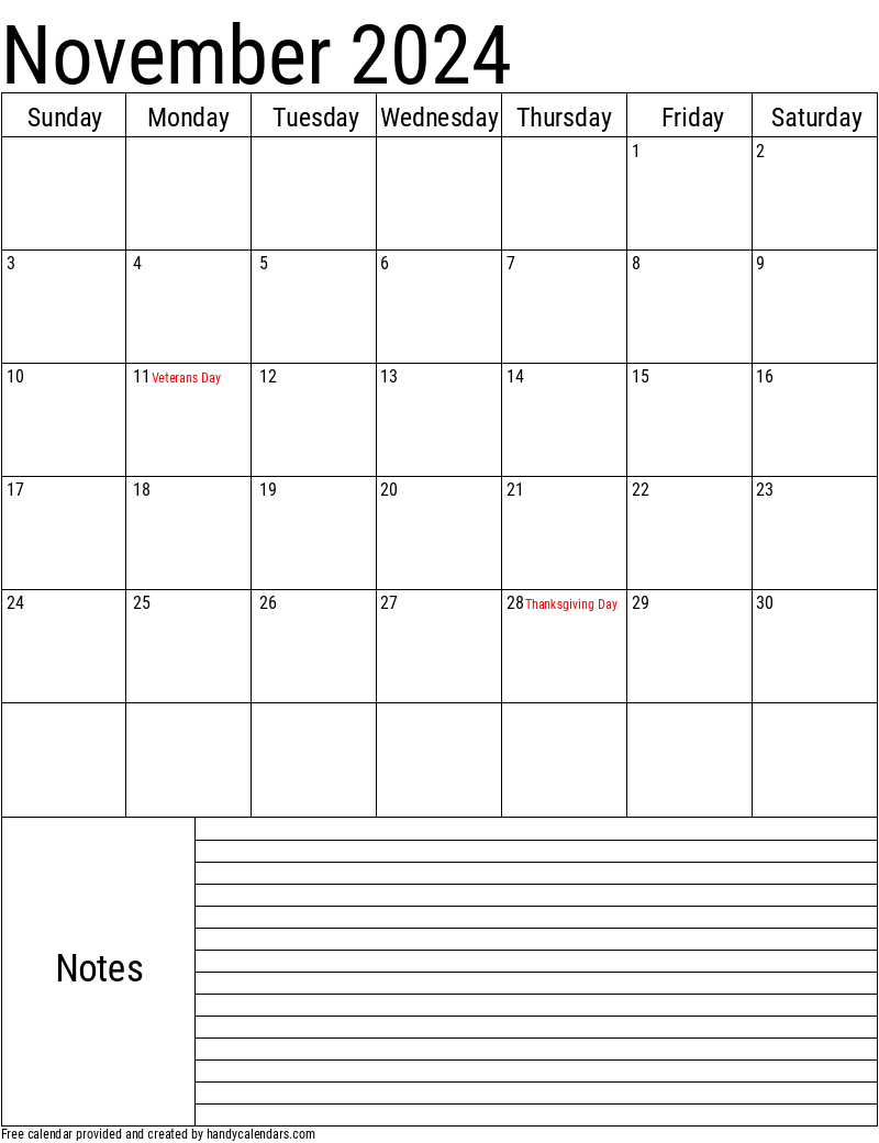 November 2024 Vertical Calendar With Notes And Holidays Handy Calendars