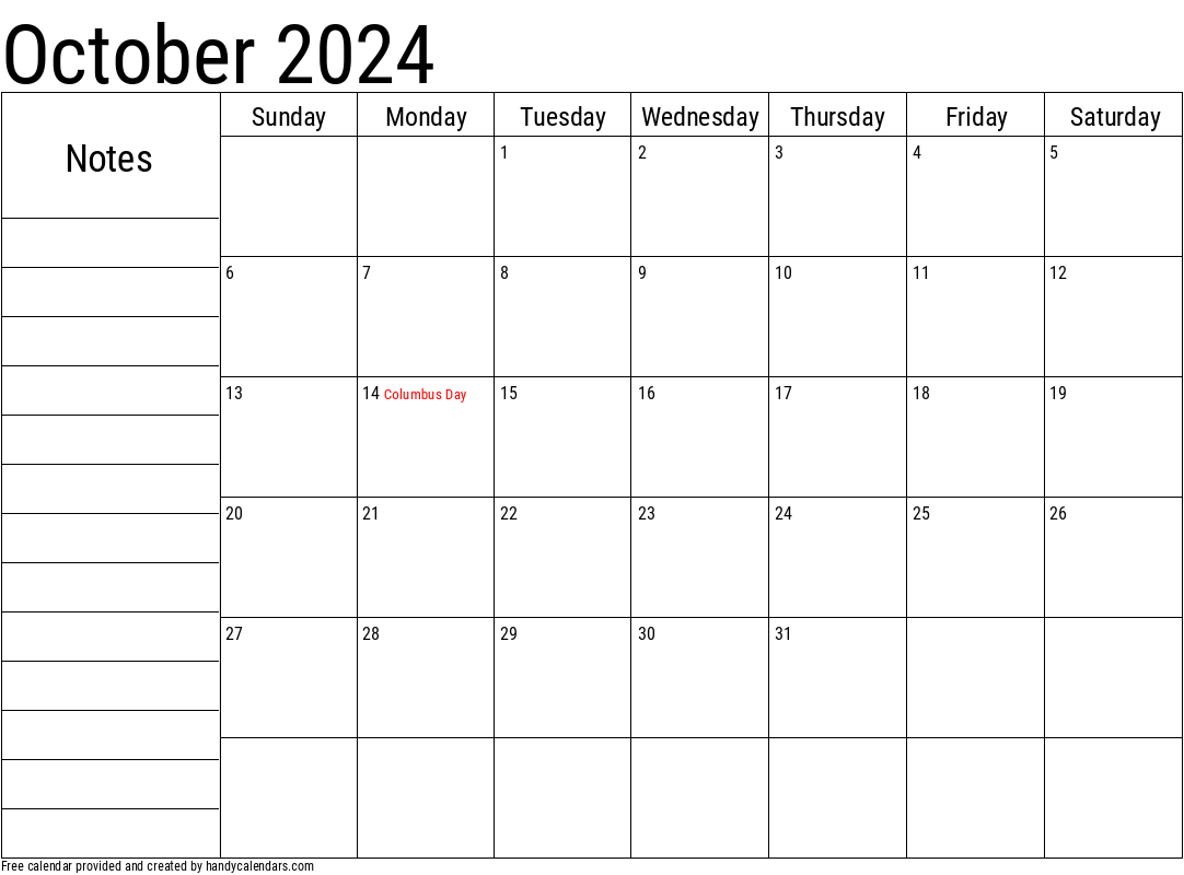 October 2024 Calendar With Notes And Holidays