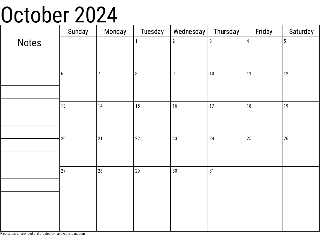 2024 October Calendar with Notes Template