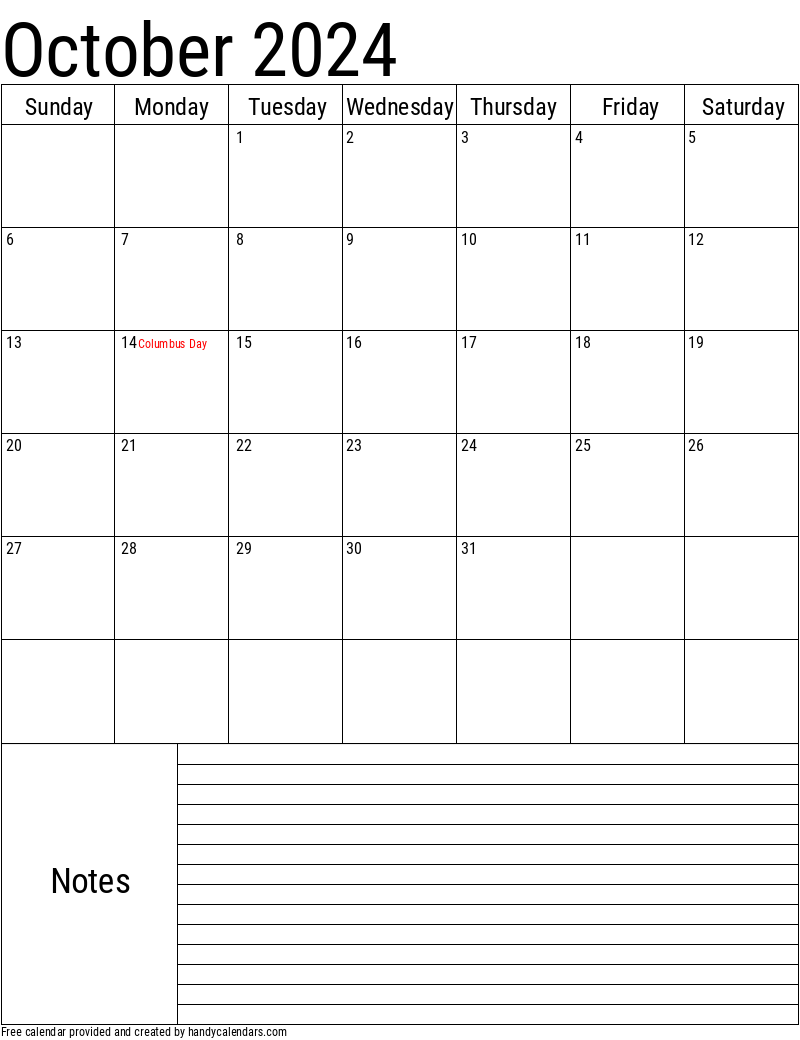 October 2024 Vertical Calendar With Notes And Holidays