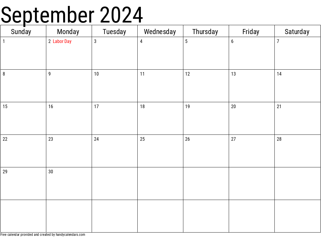2024 September Calendar Template with Holidays