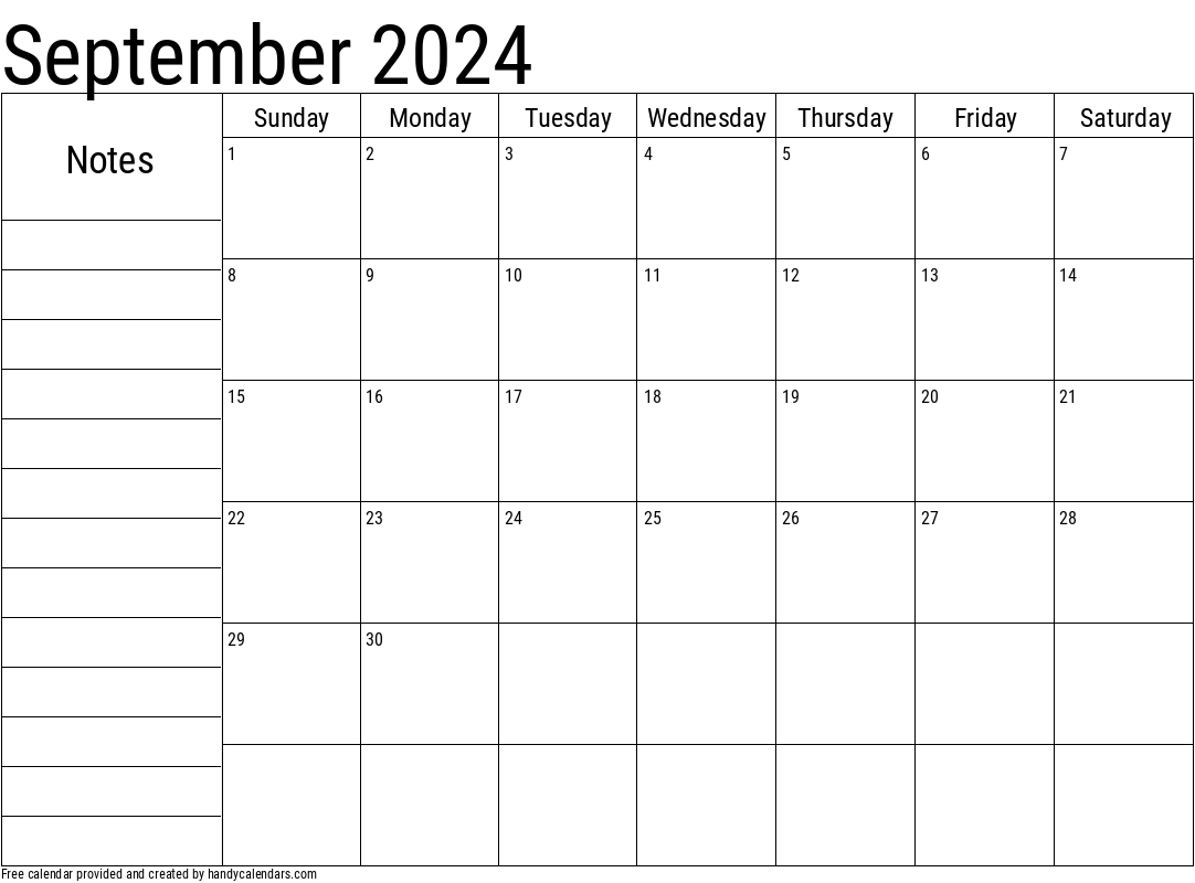 2024 September Calendar with Notes Template