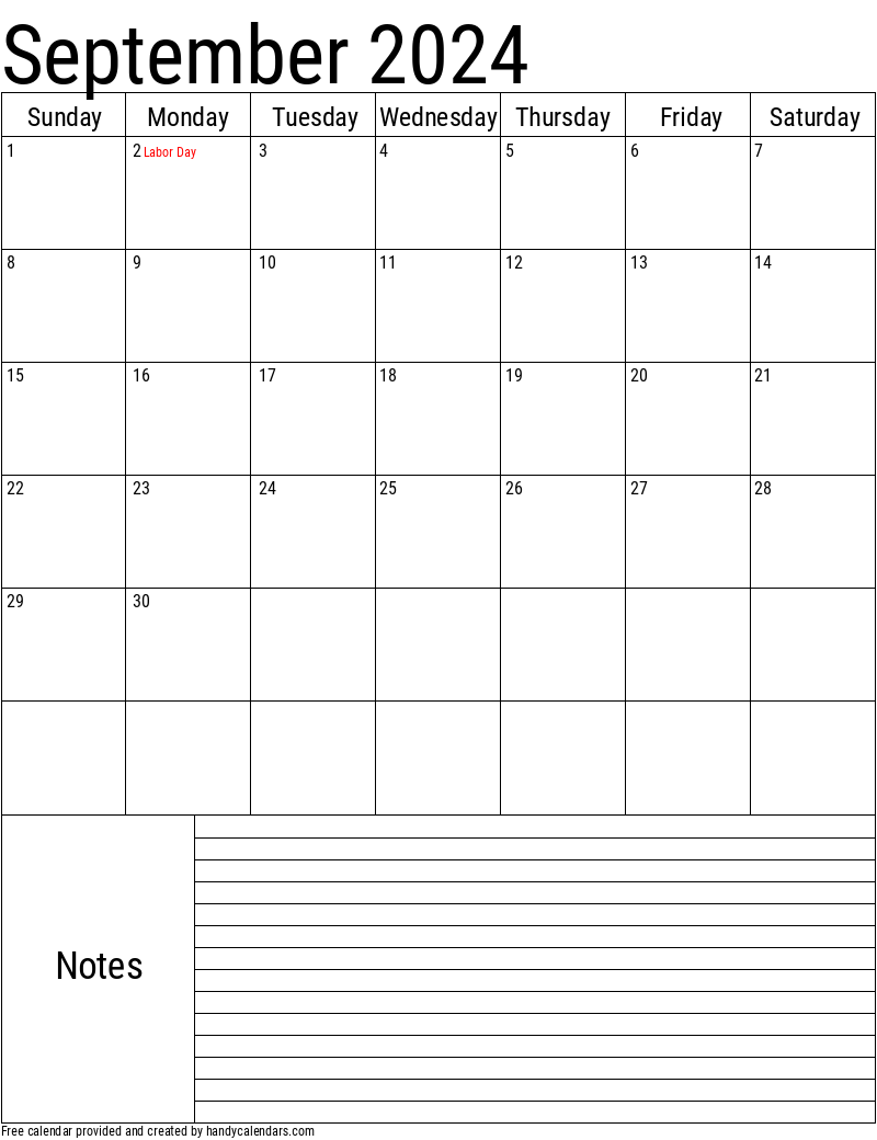 September 2024 Vertical Calendar With Notes And Holidays