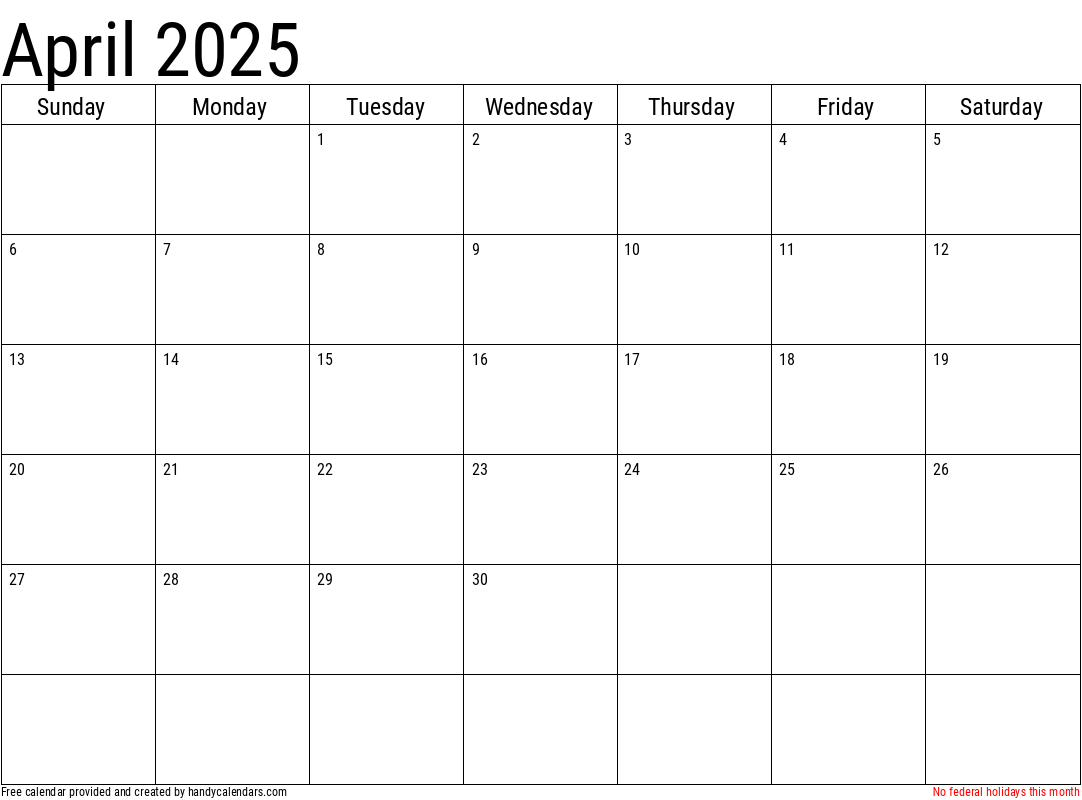 2025 April Calendar Template with Holidays