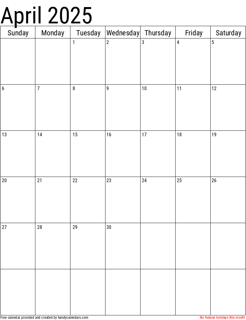 April 2025 Vertical Calendar With Holidays Handy Calendars