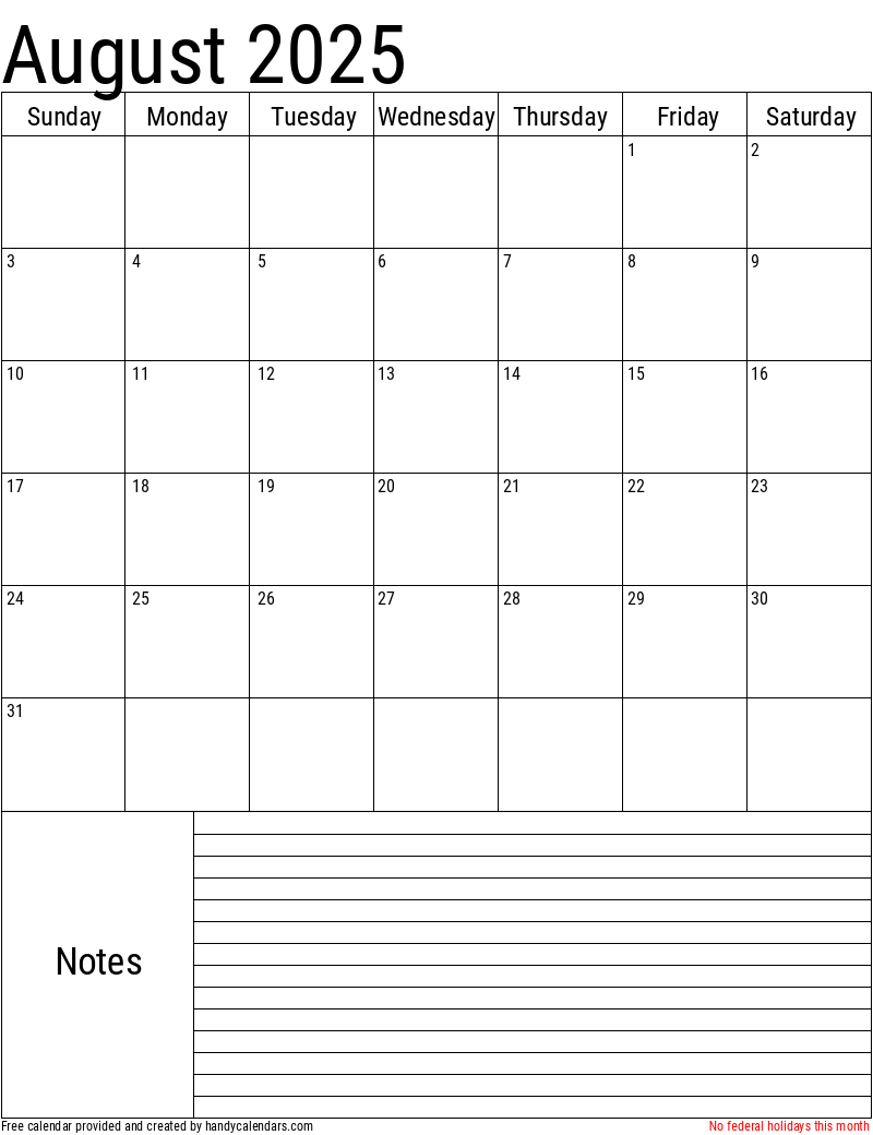 August 2025 Vertical Calendar With Notes And Holidays Handy Calendars