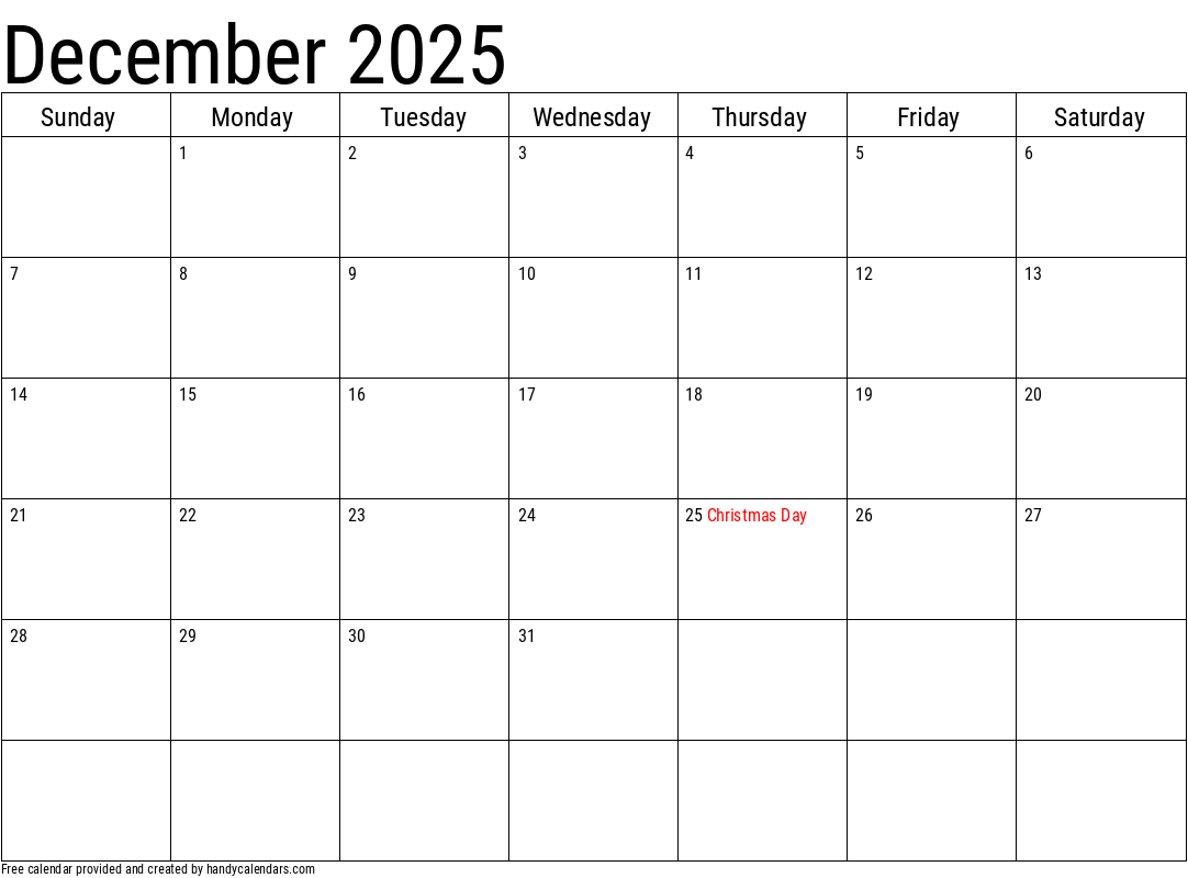 2025 December Calendars Handy Calendars