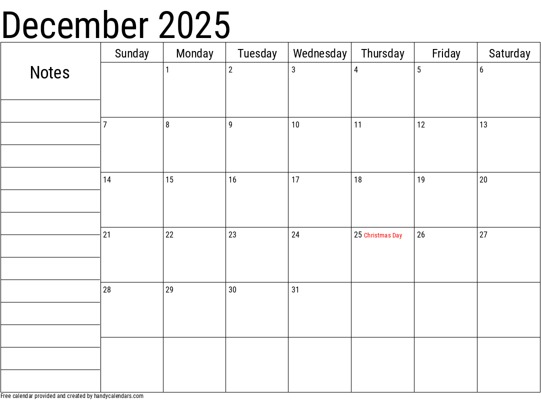 December 2025 Calendar With Notes And Holidays - Handy Calendars