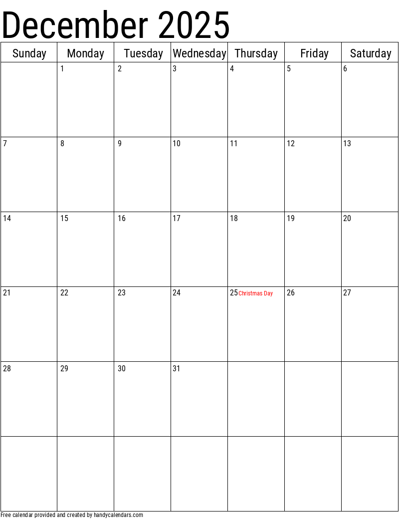 Printable 2025 December Calendar With Holidays List