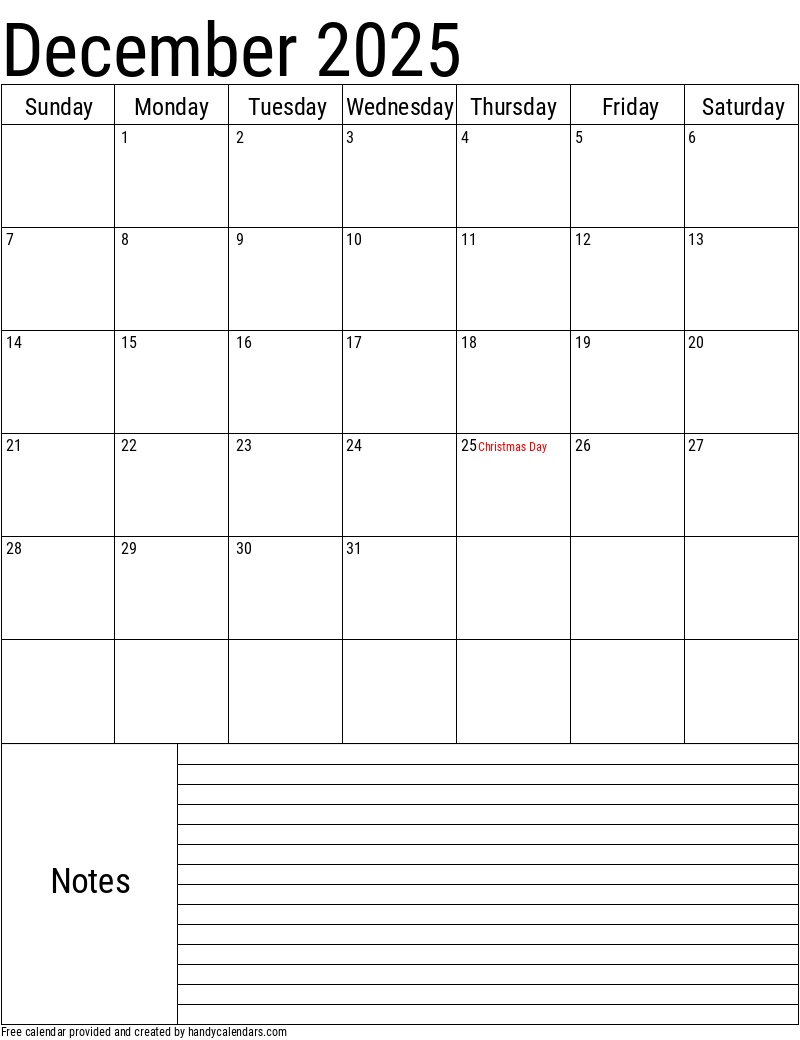 December 2025 Vertical Calendar With Notes And Holidays Handy Calendars