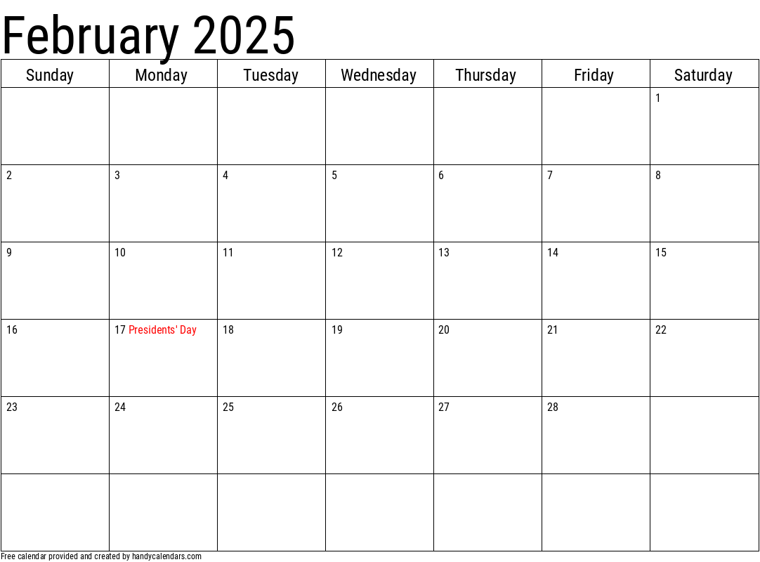 2025 February Calendar Template with Holidays
