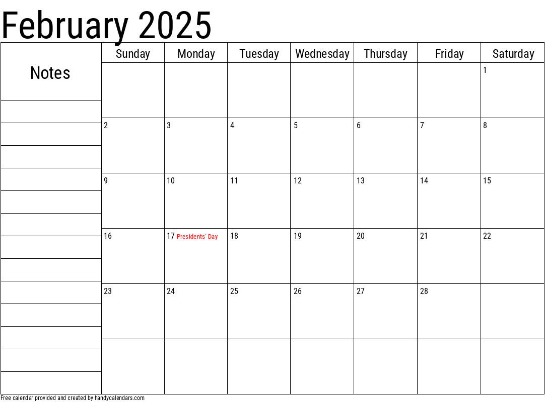 Calendar 2025 Februarynotes