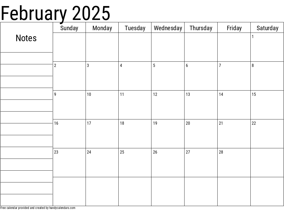 2025 February Calendar with Notes Template