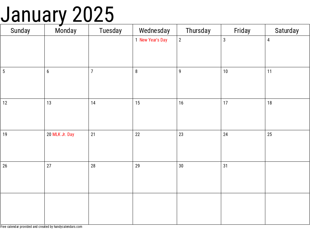 2025 January Calendar Template with Holidays