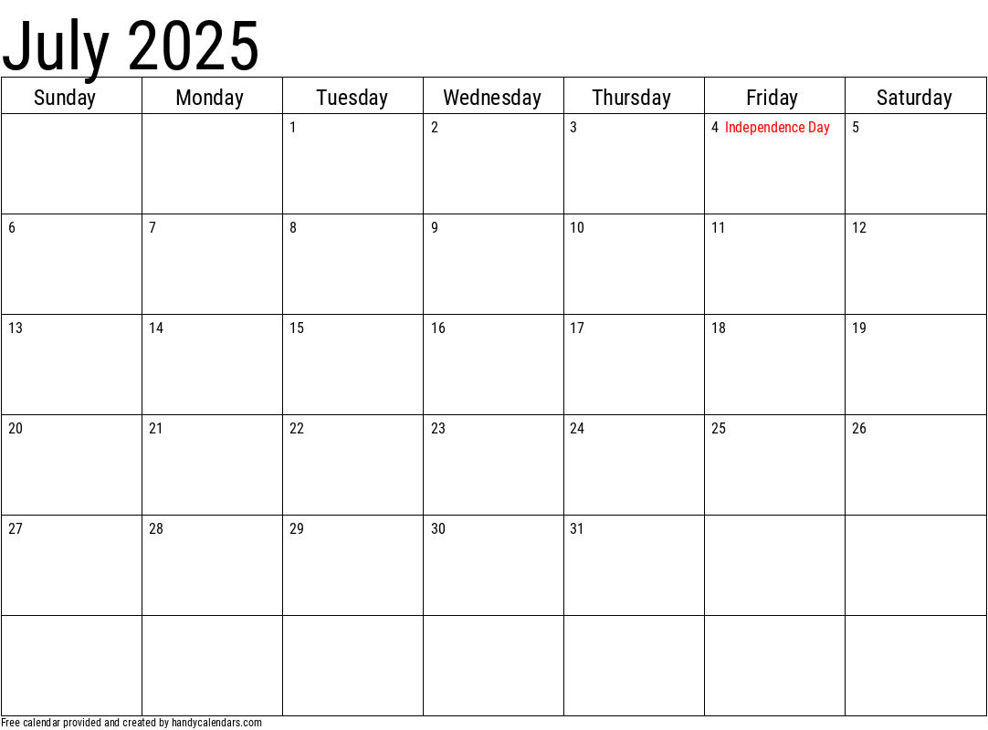 2025 July Calendars Handy Calendars